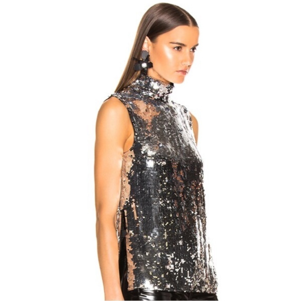 Tibi- NWT Silver Sequin Turtle Neck Shell Sleeveless Top - Picture 3 of 4